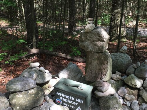 A stone cairn beside a register box in a wooded area, surrounded by various rocks and greenery.