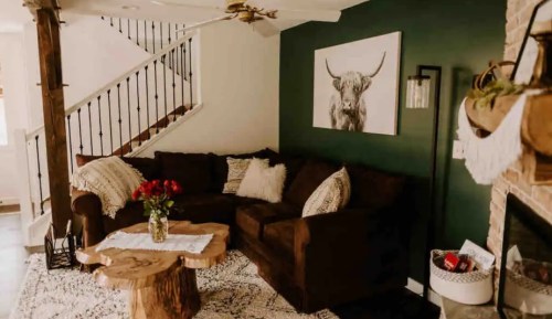 Cozy living room with a dark sofa, wooden coffee table, floral arrangement, and a bull portrait on a green wall.