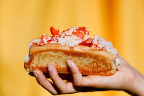 A hand holding a lobster roll topped with lobster meat and mayonnaise against a bright yellow background.