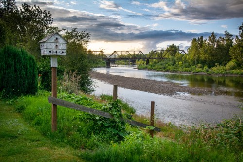 A serene river scene with a birdhouse, lush greenery, and a bridge in the background under a cloudy sky.