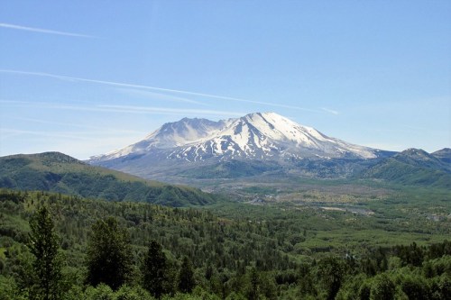 A panoramic view of a snow-capped mountain surrounded by lush green forests under a clear blue sky.
