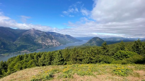 A panoramic view of a lush green landscape with mountains and a river under a partly cloudy sky.