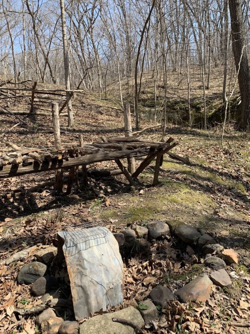 A rustic campsite with a stone fire ring, surrounded by bare trees and a wooden structure in a wooded area.
