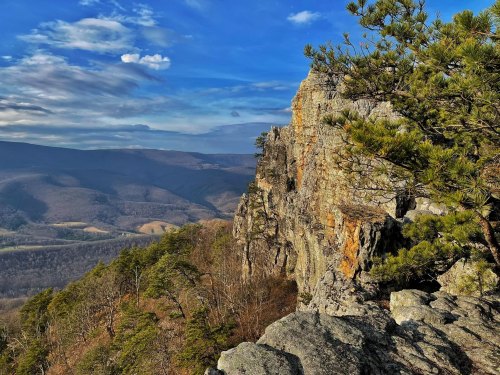 A rocky cliff overlooks a valley with rolling hills and a blue sky dotted with clouds. Pine trees are visible in the foreground.