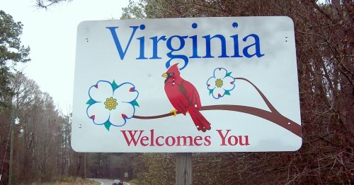Sign reading "Virginia Welcomes You" with a cardinal and flowers on a branch, set against a wooded background.