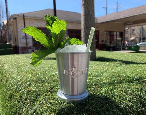 A silver cup filled with crushed ice and mint leaves, sitting on green grass under a clear blue sky.