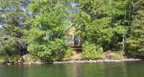 A cozy cabin nestled among lush green trees by a calm lake, reflecting the vibrant foliage.