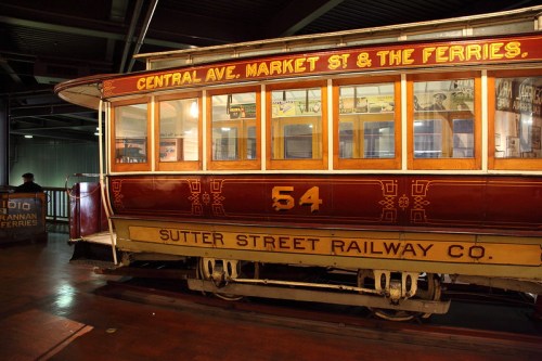 Historic streetcar from the Sutter Street Railway Co., featuring "Central Ave. Market St. & The Ferries" signage.