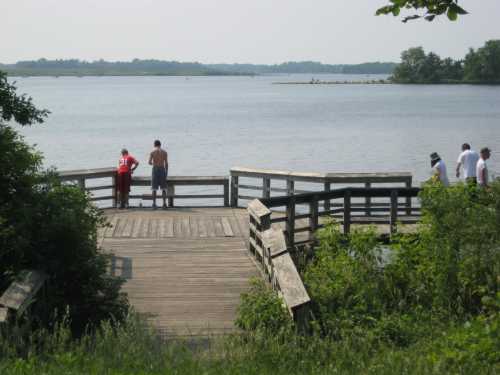 Two people stand on a wooden dock by a lake, surrounded by greenery, with others in the background enjoying the water.