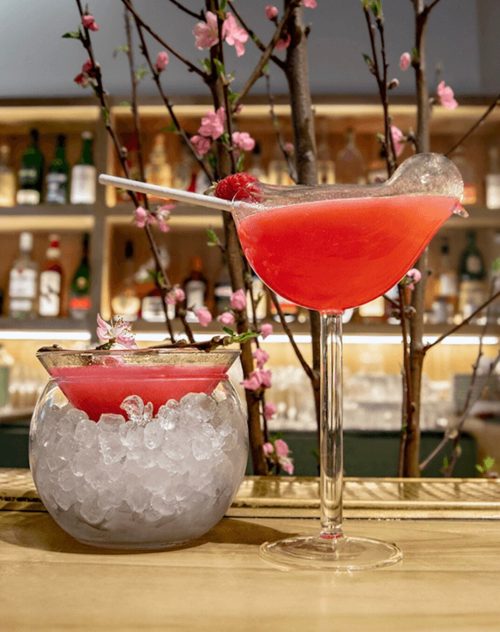 A vibrant pink cocktail in a tall glass, garnished with a raspberry, next to a smaller bowl of the same drink on ice.