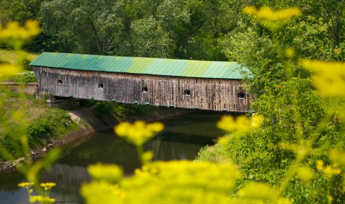 A wooden covered bridge spans a calm river, surrounded by lush greenery and yellow wildflowers in the foreground.