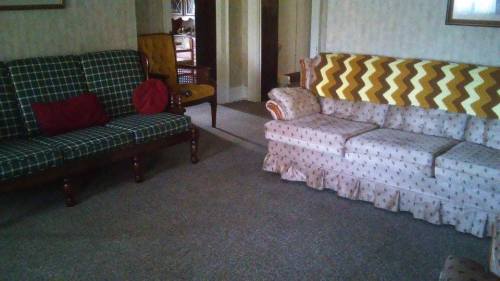 A cozy living room with a checkered loveseat, a patterned sofa, and a carpeted floor.