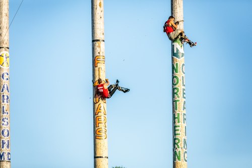 Two competitors climb tall wooden poles during a logging competition, showcasing their skills against a clear blue sky.