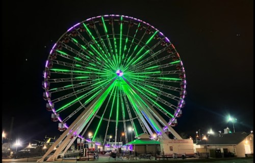 A brightly lit Ferris wheel at night, featuring vibrant green and purple lights against a dark sky.