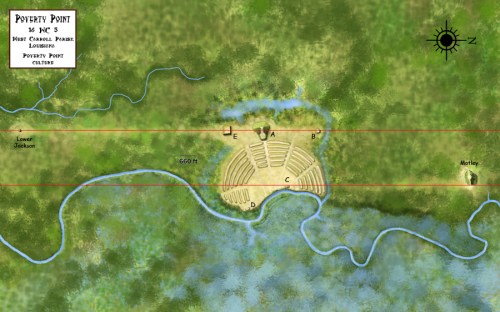 Map of Poverty Point, Louisiana, showing key features and layout, including mounds and surrounding waterways.