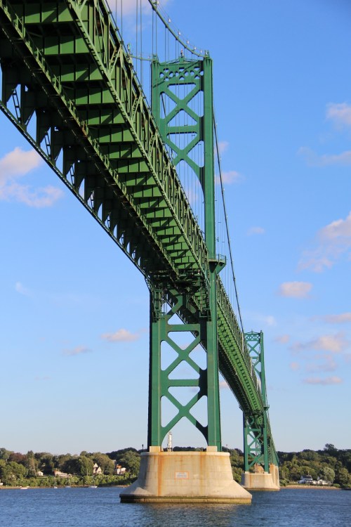 A green suspension bridge spans over a calm river, with blue skies and trees in the background.