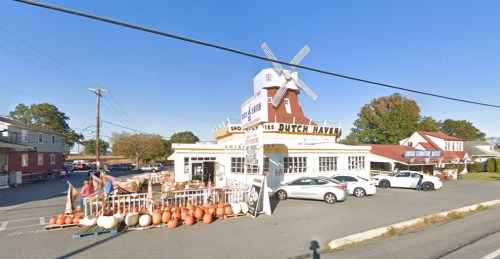A quaint market with a windmill sign, surrounded by pumpkins and cars, set against a clear blue sky.