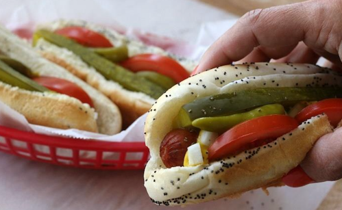 A hand holding a hot dog topped with tomatoes and pickles, with more hot dogs in a basket in the background.