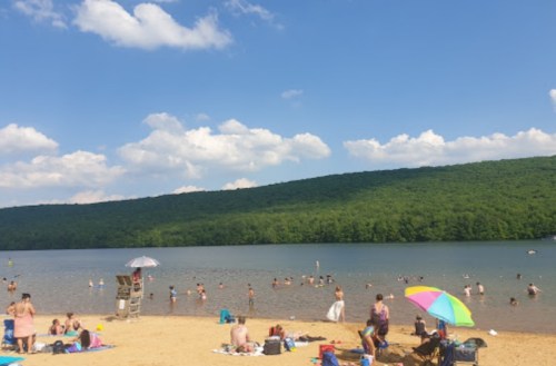 A sandy beach with people swimming and relaxing under colorful umbrellas, surrounded by green hills and a blue sky.