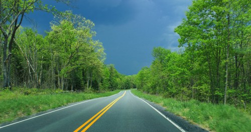 A winding road through lush green trees under a dark, cloudy sky.