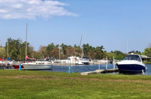 A peaceful marina scene with various boats docked along a calm waterway, surrounded by green grass and trees.