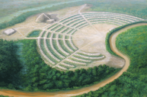Aerial view of an ancient site with circular structures and a winding river surrounded by lush greenery.