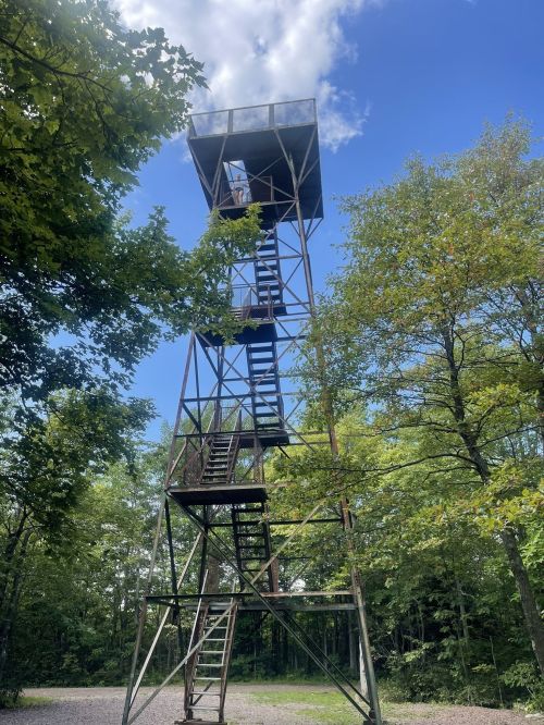 A tall observation tower surrounded by trees under a blue sky with scattered clouds.