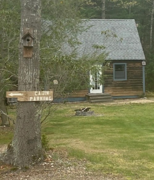 A rustic cabin with a gray roof, surrounded by trees, and a wooden sign pointing to "Cabin Parking" on the left.