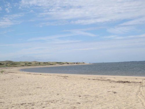 A serene beach scene with soft sand, gentle waves, and a clear blue sky in the background.