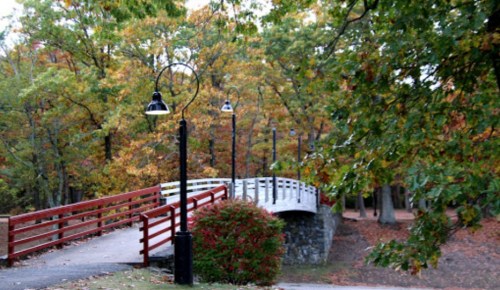 A scenic park with a wooden bridge, surrounded by colorful autumn trees and lampposts.