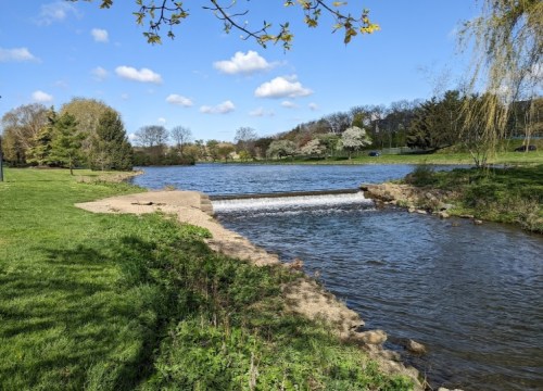 A serene river scene with a small waterfall, grassy banks, and trees under a blue sky with fluffy clouds.