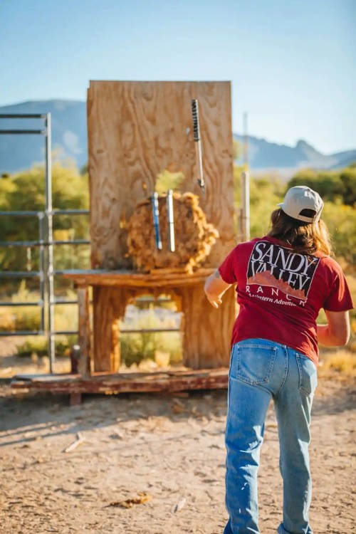 A person in a red shirt stands in front of a wooden target, preparing to throw an axe in a sunny outdoor setting.