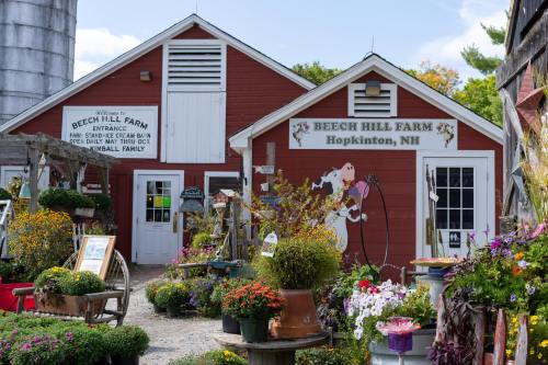 A charming red barn at Beech Hill Farm, surrounded by colorful flowers and plants in Hopkinton, NH.