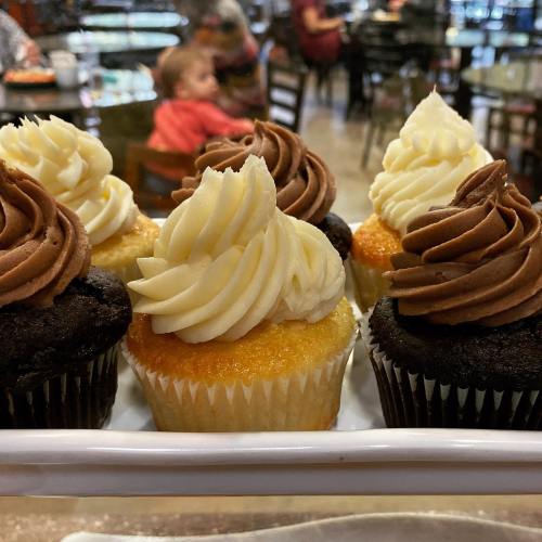 A tray of cupcakes with yellow and chocolate frosting, featuring swirls of vanilla and chocolate icing on top.