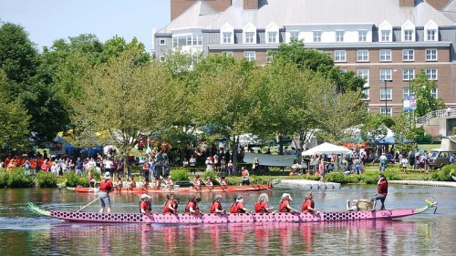 A dragon boat team paddles on a lake, with spectators and tents in the background on a sunny day.