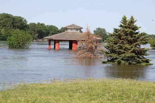A flooded area with a gazebo on stilts and a partially submerged tree, surrounded by water and greenery.