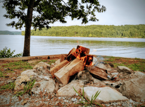 A campfire with burning logs by a serene lake, surrounded by stones and greenery, under a clear sky.