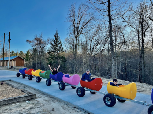A colorful train-shaped ride with people enjoying it on a sunny day, surrounded by trees and a clear blue sky.