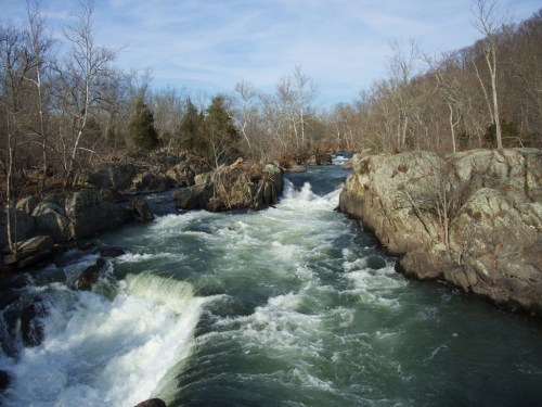 A rushing river flows through rocky terrain, surrounded by bare trees and a clear blue sky.