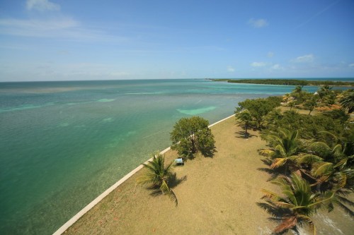 A serene coastal view featuring turquoise waters, a sandy shore, and lush greenery under a clear blue sky.