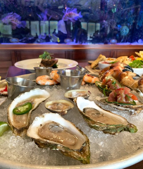 A seafood platter featuring oysters on ice, shrimp, and various appetizers, with a colorful aquarium in the background.