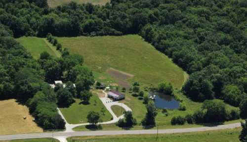 Aerial view of a rural property with a house, pond, and surrounding greenery, near a winding road.