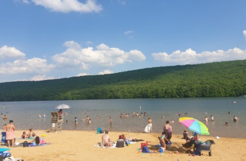 A sandy beach with people swimming and relaxing under umbrellas, surrounded by green hills and a blue sky.