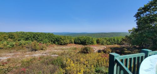 A scenic view of rolling hills and colorful foliage under a clear blue sky.