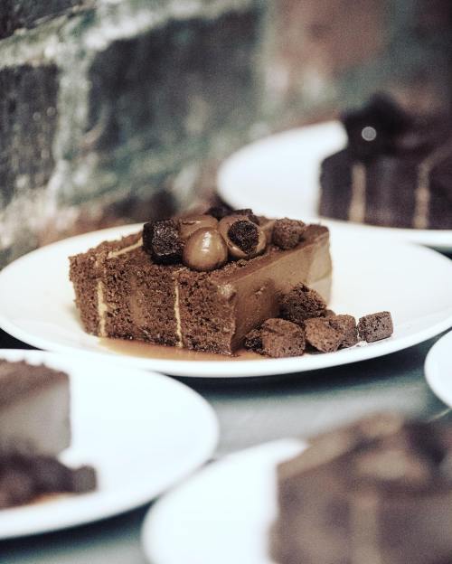 A slice of chocolate cake topped with chocolate pieces, served on a white plate against a rustic background.
