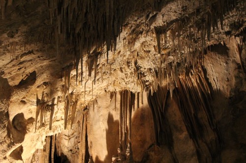 Stalactites and stalagmites in a dimly lit cave, showcasing intricate rock formations and textures.