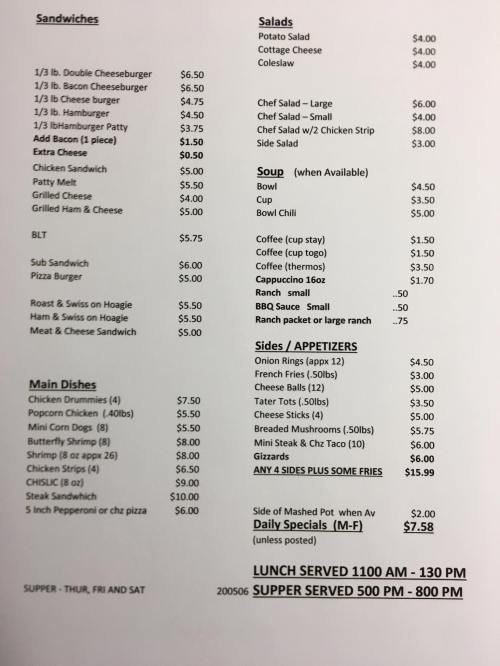 Menu featuring sandwiches, salads, soups, main dishes, and sides with prices listed for each item.