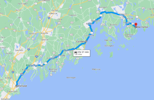 Map showing a route from Portland to Bar Harbor, Maine, with estimated travel time of 3 hours and 21 minutes.