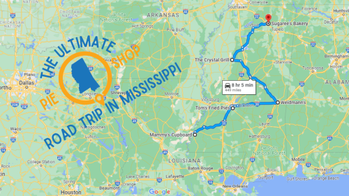 Map showing a road trip route in Mississippi, highlighting stops at various pie shops, including Suga's Bakery.