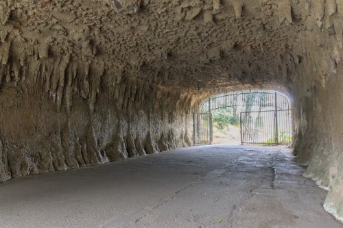 A stone tunnel with textured walls, leading to a gated exit surrounded by greenery.